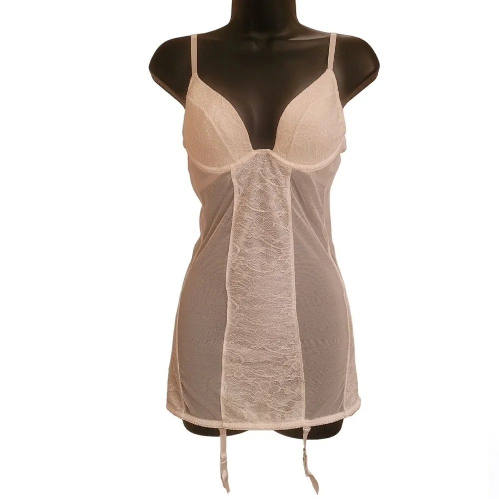 Vintage Cream Lace Mesh Corset Back Chemise Garter Slip Underwire Lingerie‎ - Picture 3 of 7